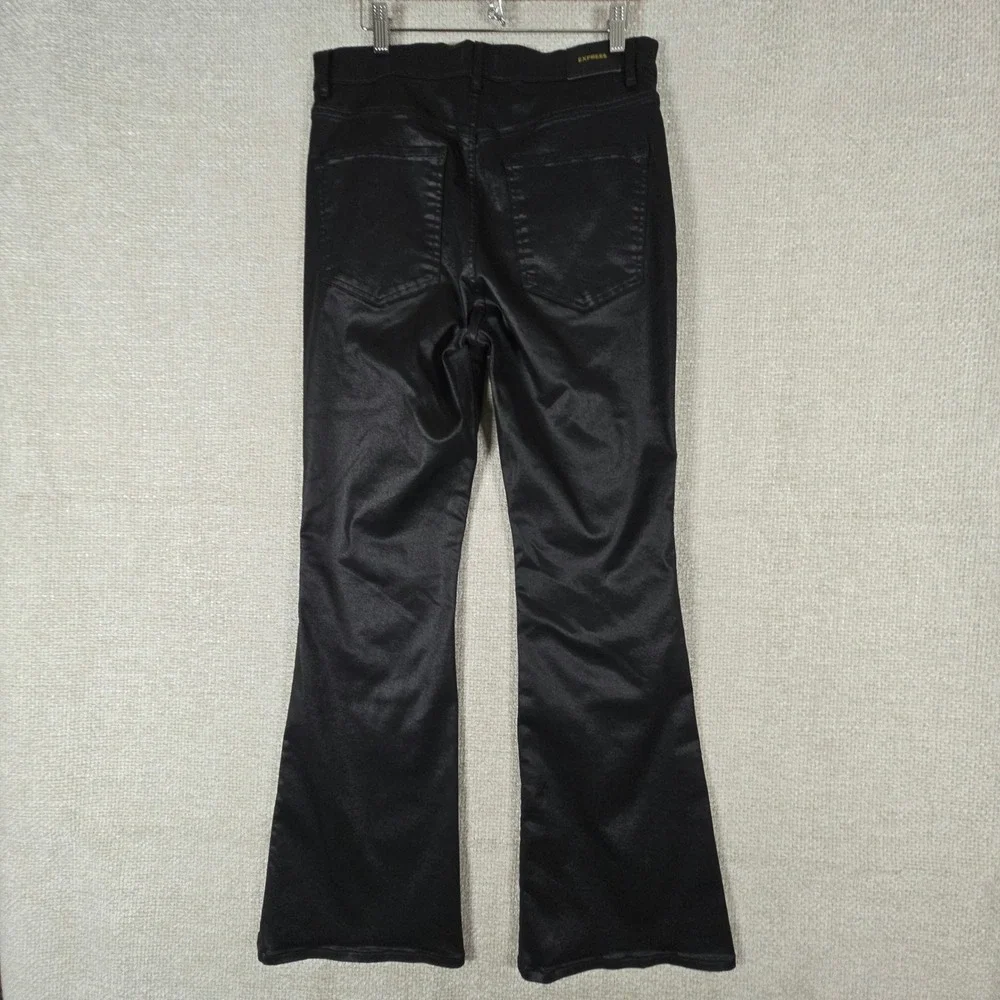 Express Womens Black Coated‎ Super High Rise Flare Pants Size 12R Faux Leather